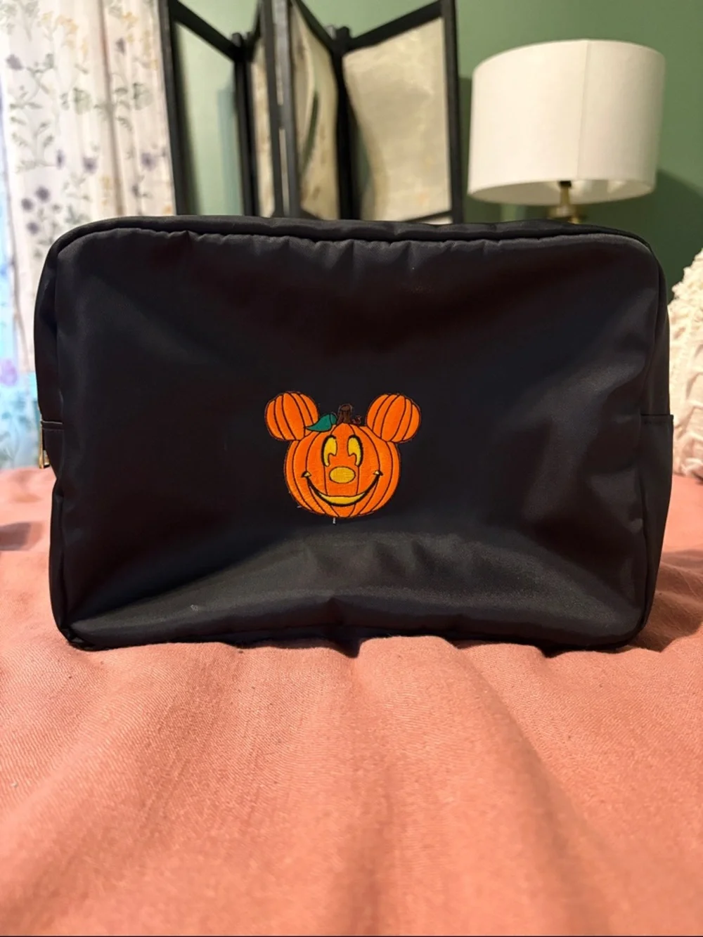 Black Cosmetic Pouch with Orange Pumpkin Embroidered Patch